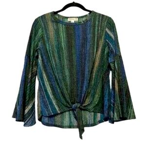 Studio JPR Striped Green and Blue Women's Bell-Sleeve Front‎ Tie Top Size Med